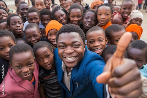 Caucasian volunteer in african village takes selfie with children - volunteering in human community © sorin