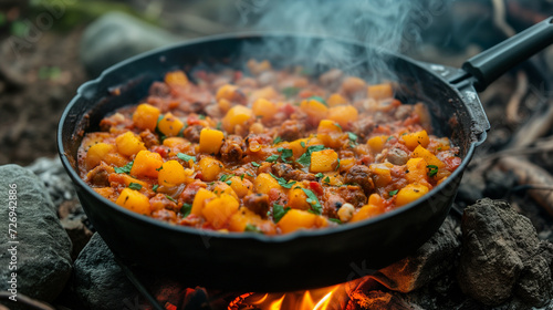 One Pot meal cooking over wood fire in a cast iron pot.