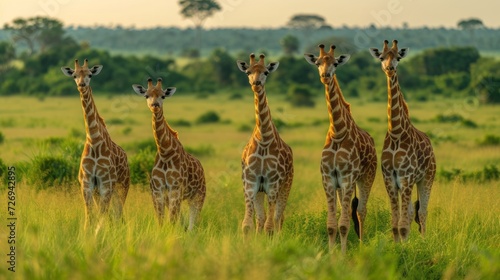 four Rothschild Giraffe (Giraffa camelopardis rothschildi) standing tall in Murchison Falls NP, Uganda photo