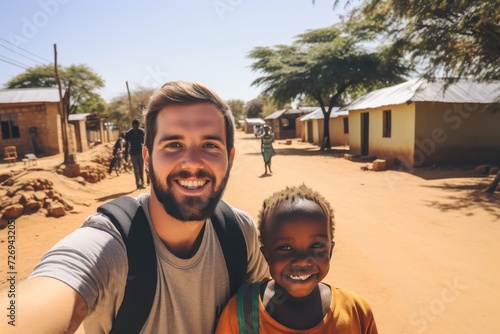 Caucasian volunteer captures joyful moment with african village children - global volunteering
