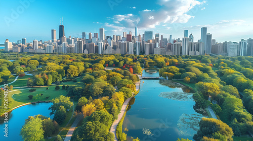Chicago skyline aerial drone view from above, lake Michigan and city of Chicago downtown skyscrapers cityscape, Aerial view of a small island in Osprey Lake, Hertford, Hertfordshire, Generative Ai  photo