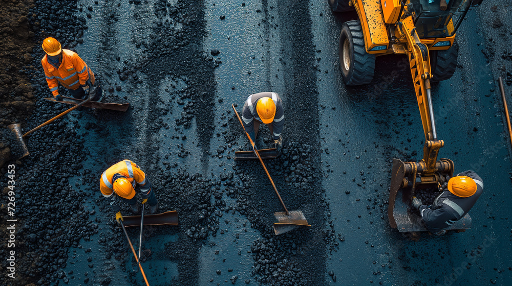Roadwork construction workers repaving the road, seen from above. Roadwork construction workers repaving the road, seen from above.