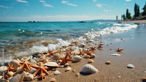 Shells and Starfish Covering Sandy Beach