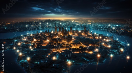 Vibrant Night Cityscape With Illuminated Buildings and Streetlights. The Internet network spreads throughout the metropolis.
