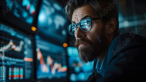 A bearded analyst with glasses intently studies fluctuating financial and stock market index data on multiple monitors in a dimly lit control room. 