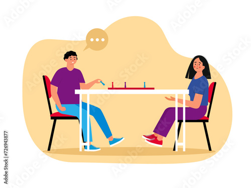 Couple sitting playing a board game. Games vector illustrations.
