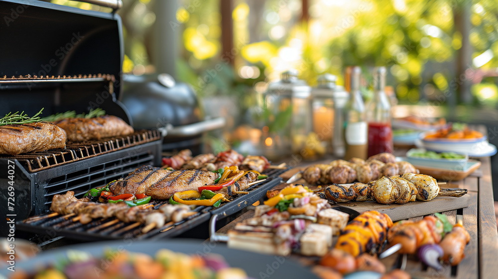 Grilling bbq outside. Closeup of kebab on skewers and vegetables. Summer time outdoor meals. Grilling bbq outside. Closeup of kebab on skewers and vegetables. Summer time outdoor meals.