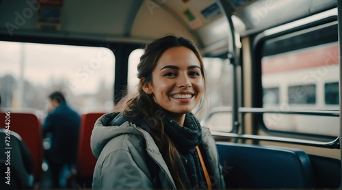 Happy smiling employee young woman sitting on a bus looking at the camera, riding a public transportation from Generative AI