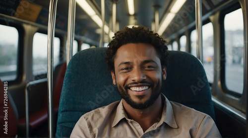 Happy smiling employee man sitting on a bus looking at the camera, riding a public transportation from Generative AI