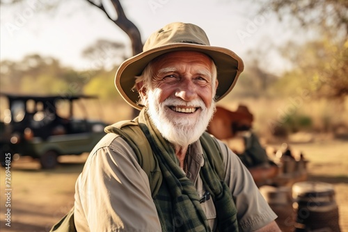 Portrait of a senior man in a safari hat smiling and looking at the camera.