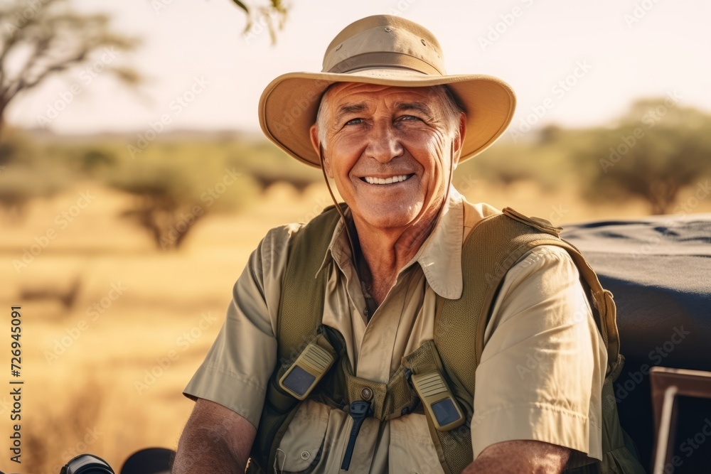 Portrait of happy senior man in safari hat looking at camera