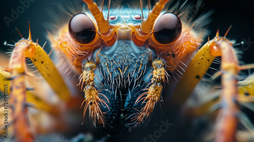Macro pest spider photography. Detailed view of colorful insect. photo