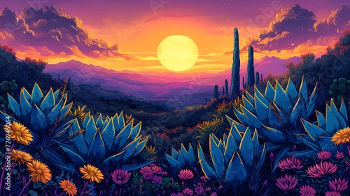 field of agaves and flowers with the sun in the middle, generative ai