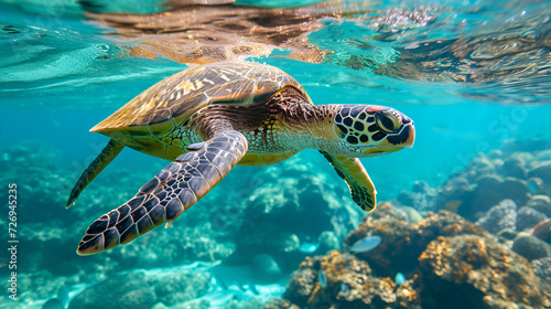 Endangered Hawaiian Green Sea Turtle cruises in the water, generative ai © Saleem