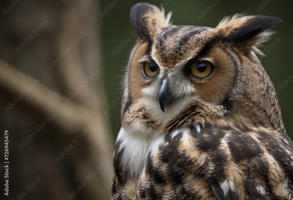 An Eurasian Eagle Owl staring at something out of shot in a woodland setting. An Eurasian Eagle Owl staring at something out of shot in a woodland setting.