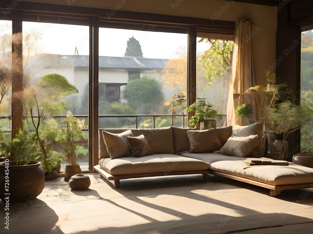 Generative KI helles Wohnzimmer mit großen Fenstern und Pflanzen im Wasi Basi Stil Garten im Hintergrund - obrazy, fototapety, plakaty 