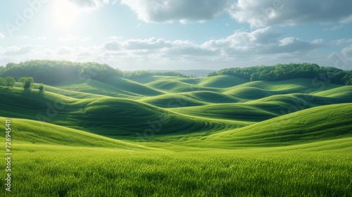Beautiful landscape with green hills and blue sky. 3d rendering - Generative AI