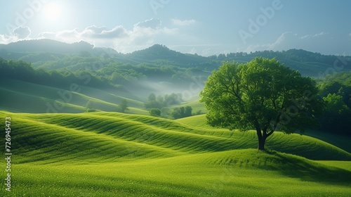 Beautiful landscape with a tree on the hillside. Tuscany, Italy. - Generative AI