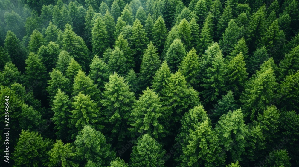 Fototapeta premium Aerial view of coniferous forest. Top view from drone - Generative AI