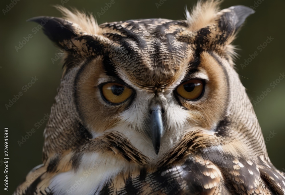 Fototapeta premium An Eurasian Eagle Owl staring at something out of shot in a woodland setting.