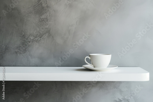 Close up view of a wooden white shelf for product display, with a white coffee cup and spacious gray wall, minimalistic and modern style ...