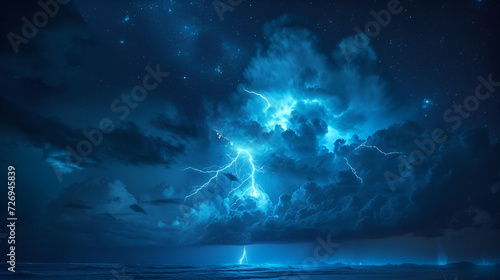 Lightning thunderstorm flash over the night sky, generative ai © Saleem
