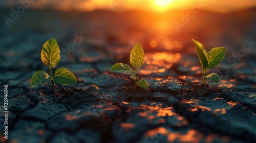 Plant seedlings growing on cracked earth at sunset. Concept of new life. - Generative AI
