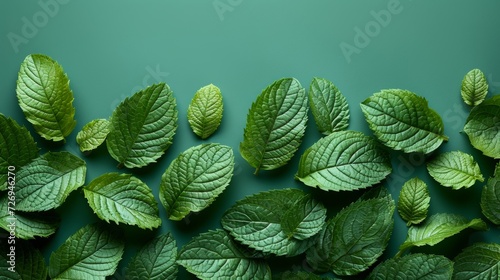 Creative layout made of fresh mint leaves on green background. Flat lay. Nature concept. - Generative AI photo
