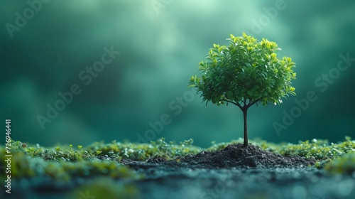 3d render of green tree growing in the soil with raindrops - Generative AI