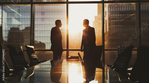 Silhouette of a businessmen in an office against a skyscraper background. Investment business and leadership concept photo