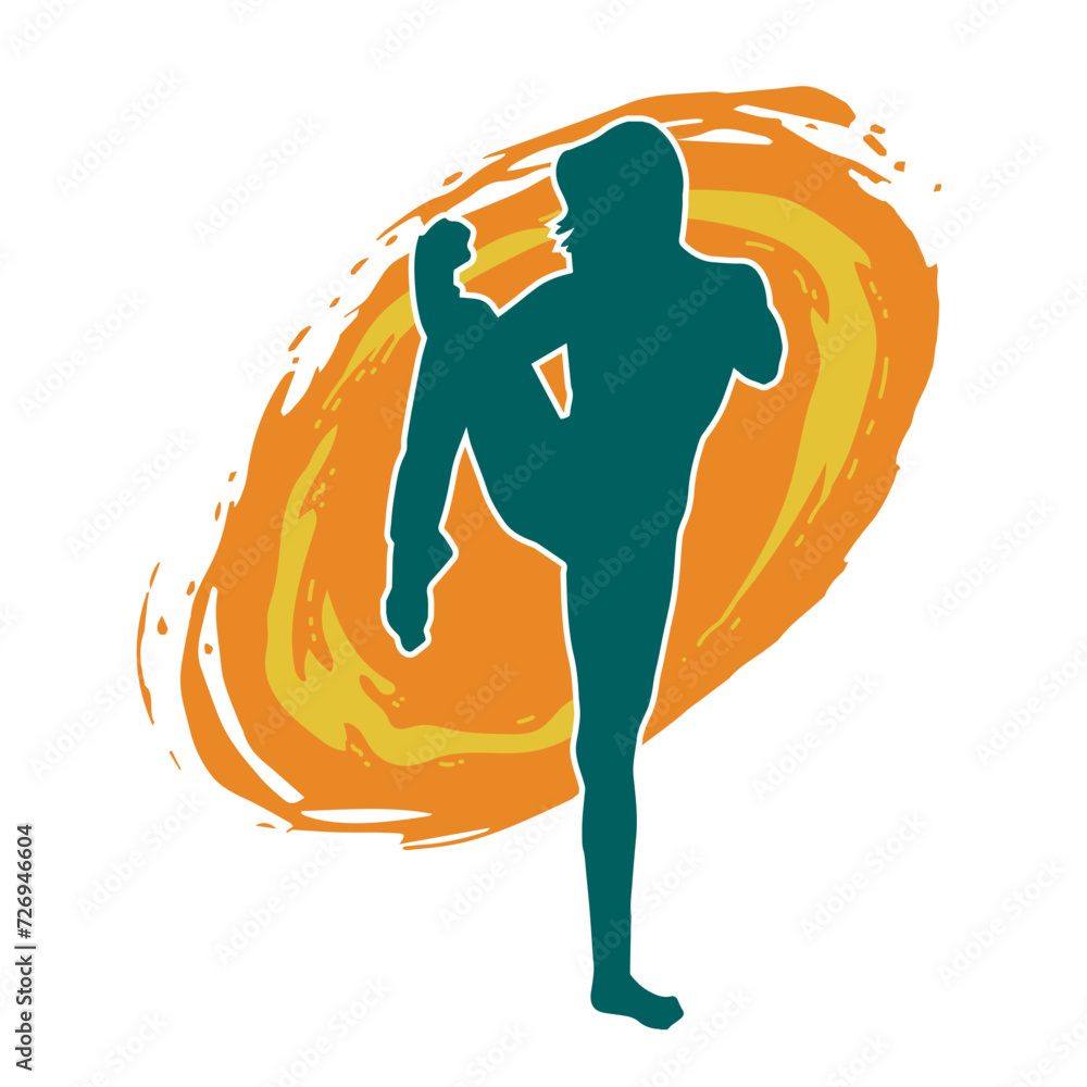 Silhouette of a woman doing a martial art kick. Silhouette of a sporty female doing kicking movement.