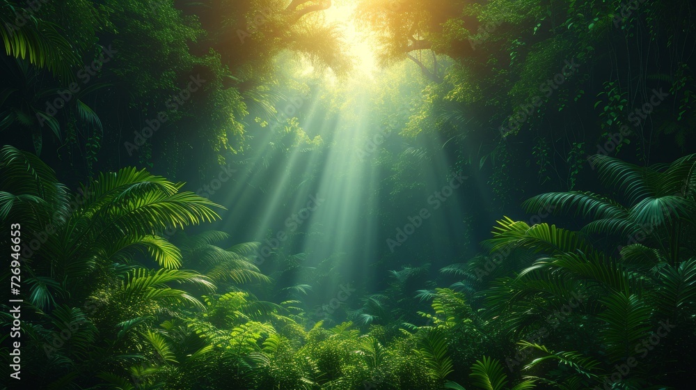 Beautiful tropical forest with sunlight and lens flare. Nature background. - Generative AI