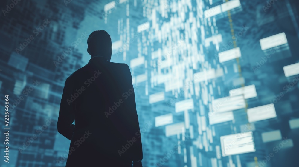 Silhouette of a businessman in an office against a data background. Investment business and leadership concept Silhouette of a businessman in an office against a data background. Investment business and leadership concept