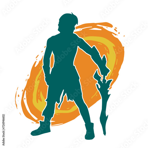 Silhouette of a male warrior in action pose with sword weapon. Silhouette of a man fighter carrying sword weapon.
