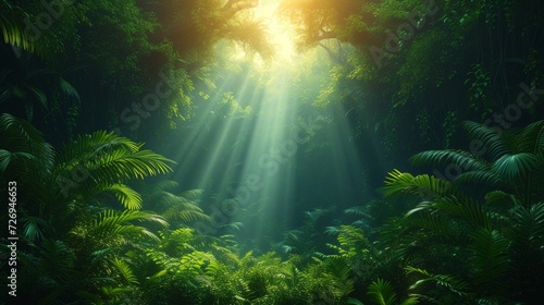 Beautiful tropical forest with sunlight and lens flare. Nature background. - Generative AI