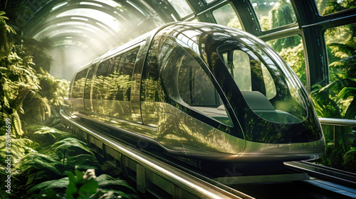 The future of mobility: innovative transport systems and advanced technologies for efficient urban mobility. Electric train. Monorail. green energy concept