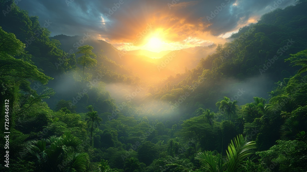 Beautiful sunrise in the tropical rainforest. 3D Rendering - Generative AI Beautiful sunrise in the tropical rainforest. 3D Rendering - Generative AI