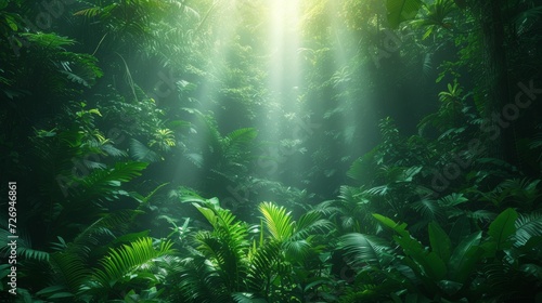 Tropical rainforest with sunbeams and ferns - Generative AI