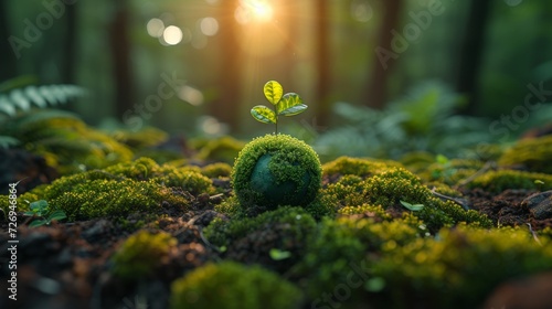 Easter egg with green sprout growing on moss in the forest - Generative AI