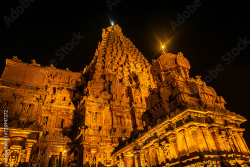 Night Time with Lightning - Tanjore Big Temple or Brihadeshwara Temple was built by King Raja Raja Cholan, Tamil Nadu. It is the very oldest & tallest temple in India. This is UNESCO's Heritage Site.