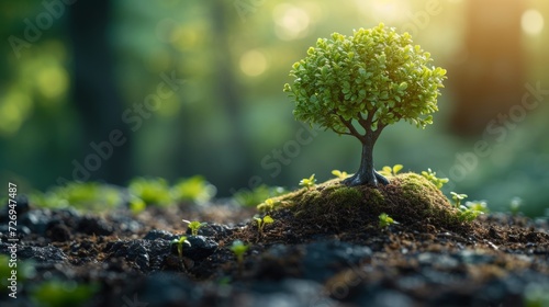 Small tree growing on soil and green bokeh background, Ecology concept - Generative AI