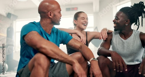 Fitness friends, group of people and gym for workout, training and teamwork with break, talking and laughing together. Coach or sports team in diversity and discussion of exercise, boxing or support photo