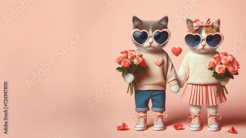 Cute couple funny cat holding with bouquet of roses in Valentine’s day concept.