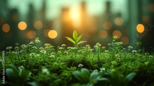 Green grass with flowers and bokeh background. 3d rendering - Generative AI