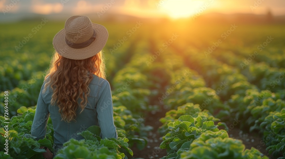 Beautiful young woman in hat standing in rows of lettuce at sunset - Generative AI