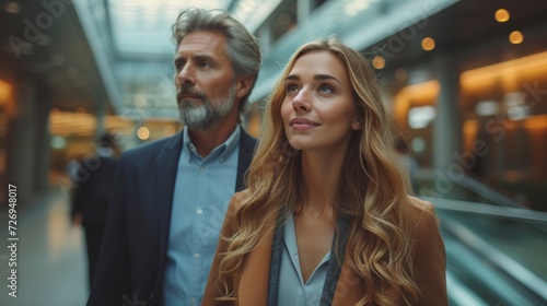 Portrait of a beautiful young woman with long blond hair in a business suit and a bearded man in a business suit. - Generative AI