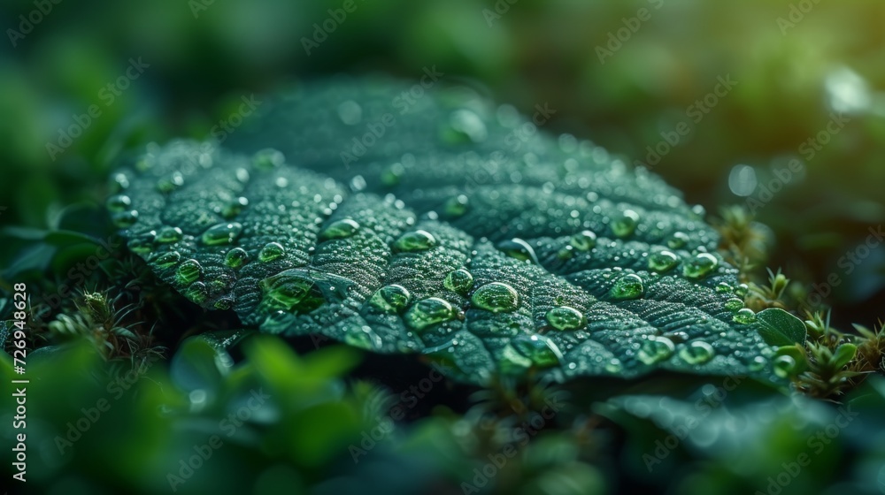 Green leaves with dew drops close up. Nature background. Selective focus - Generative AI Green leaves with dew drops close up. Nature background. Selective focus - Generative AI