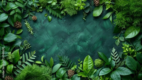 Creative layout made of green leaves on green background. Flat lay. Nature concept. - Generative AI