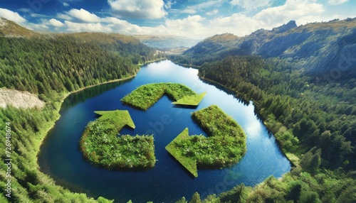 top view of lake in the shape of a recycling sign in the middle of untouched nature.ai generated photo