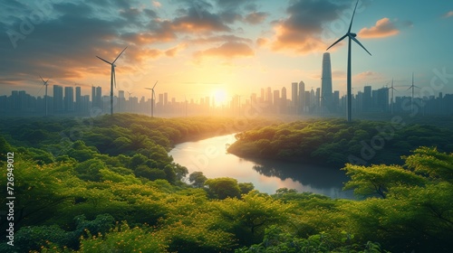 Green city landscape with wind turbines and river at sunset. Nature background - Generative AI